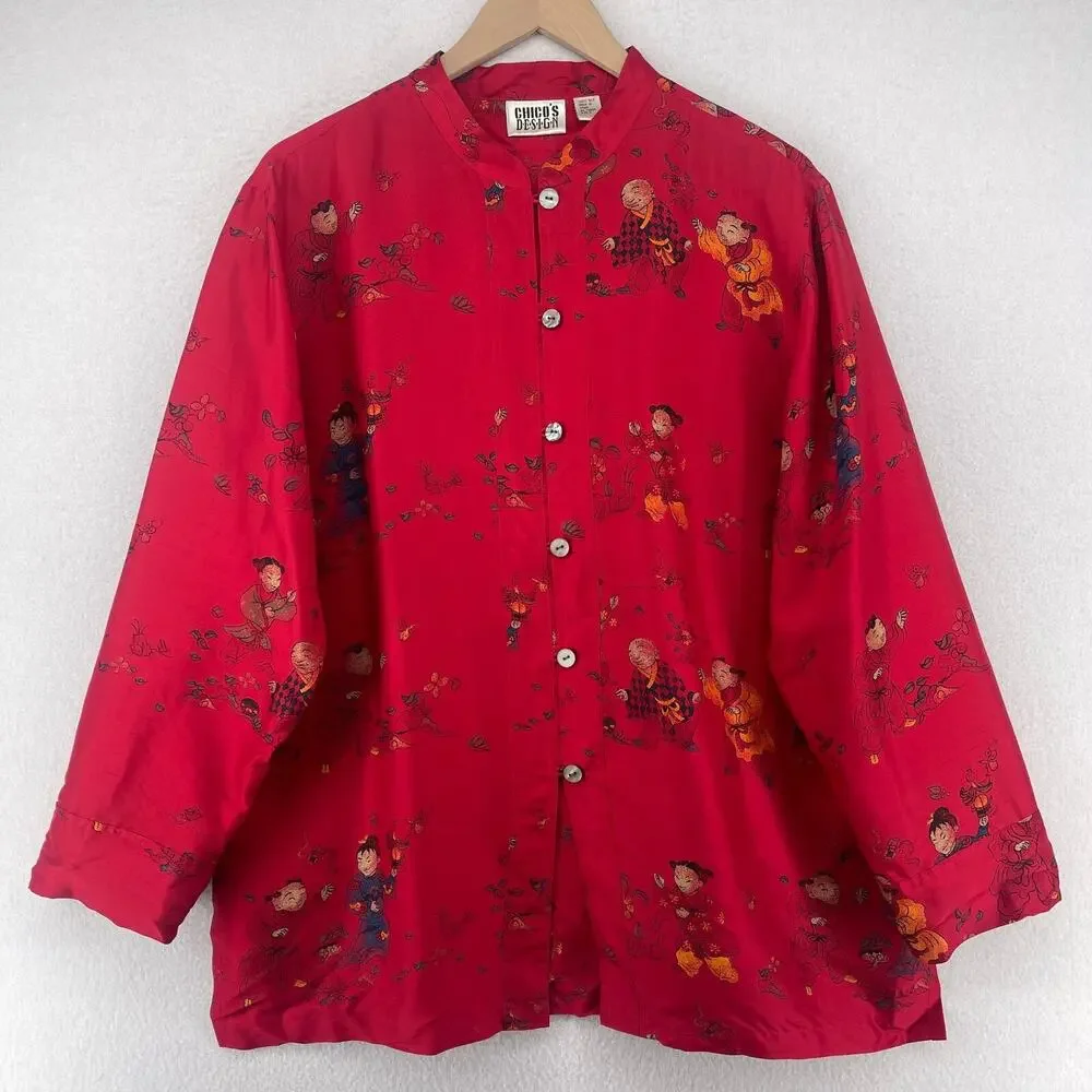 CHICOS Blouse 3 XL Asian Chinese Print Silk Satin Mandarin Collar Button Up Red